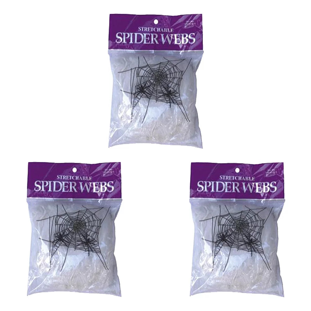 3 Packages  White Stretchable Spider Web with Spiders - Halloween Cobweb Decoration Prop